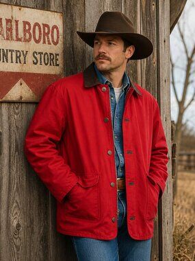 Vintage Marlboro Country Store Barn Jacket Size L Red Canvas Removable Liner